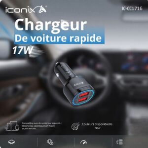 Chargeur de voiture rapide 17 W double port USB, modèle IC-CC1716, noir