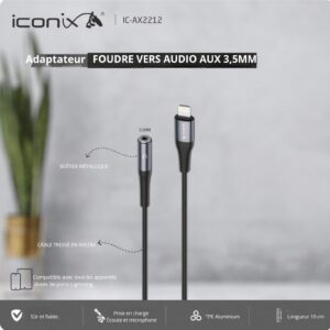 Adaptateur audio Lightning vers auxiliaire 3,5 mm, modèle IC-AX2212