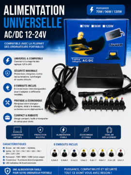 Alimentation Universelle AC/DC 12–24V (8 embouts) 1 AC/DC 12-24V avec 8 Embouts
