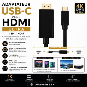 Adaptateur USB-C Vers HDMI Ultra 1,5M Noir 1 USB-C Vers HDMI Ultra