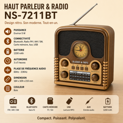 Vente en Ligne smartphone Tunisie, PC portable, ordinateur de bureau - OmegaNet 60 Haut Parleur & Radio NS-7211BT 5W Bois