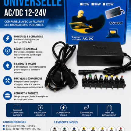Alimentation Universel AC/DC 12-24V avec 8 Embouts